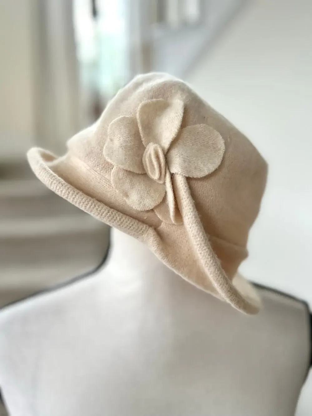Adora Cream Wool Structured Brim Floral Applique Cloche Hat